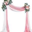 Thiccywoov 4 Pcs Wedding Arch Flowers and Drape Kit Include 2 Artificial Floral Swag and 2 Chiffon Drapes, Faux Flower Set for DIY Wedding Party Reception Ceremony Backdrop Rose Decoration (Pink)