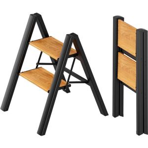 2 Step Ladder, Anti-Slip and Lightweight Foldable Step Ladder for Adults & Kids to Use in Kitchen,Closet and Library,300lbs(Black+Woodgrain)
