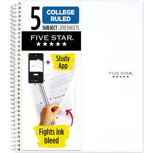 Five Star Spiral Notebook + Study App, 5 Subject, College Ruled Paper, 8-1/2" x 11", 200 Sheets, Fights Ink Bleed, Water Resistant Cover, White (72460)