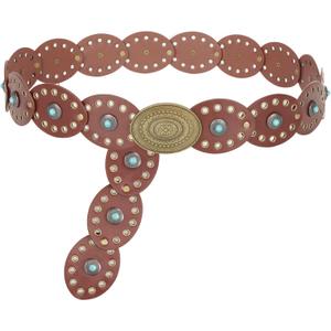 Vintage Western Leather Belt for Women - Wide Cowgirl Waist Belt with Concho Buckle - Boho Style Belt for Jeans & Dress (Fit Waist Below 38", Coffee+turquoise)