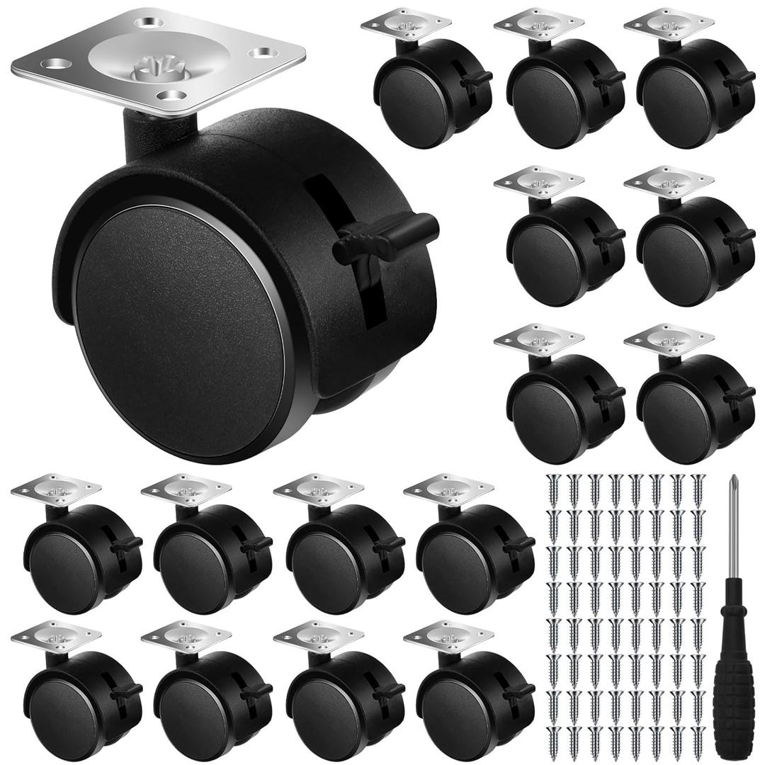 Barydat 16 Pcs 1. 5 Inch Plastic Furniture Wheels with Brake Swivel Replacement Wheels Small Nylon Plastic Casters for Rolling Cart Table Chair Cabinet, Black (Flat Style)