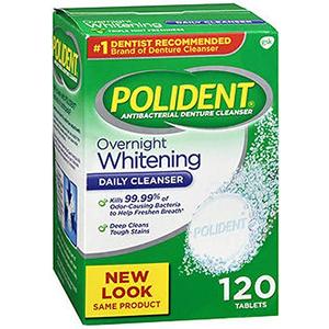 Polident Overnight Whitening, Antibacterial Denture Cleanser, Triple Mint Freshness 120 ea (Pack of 3)