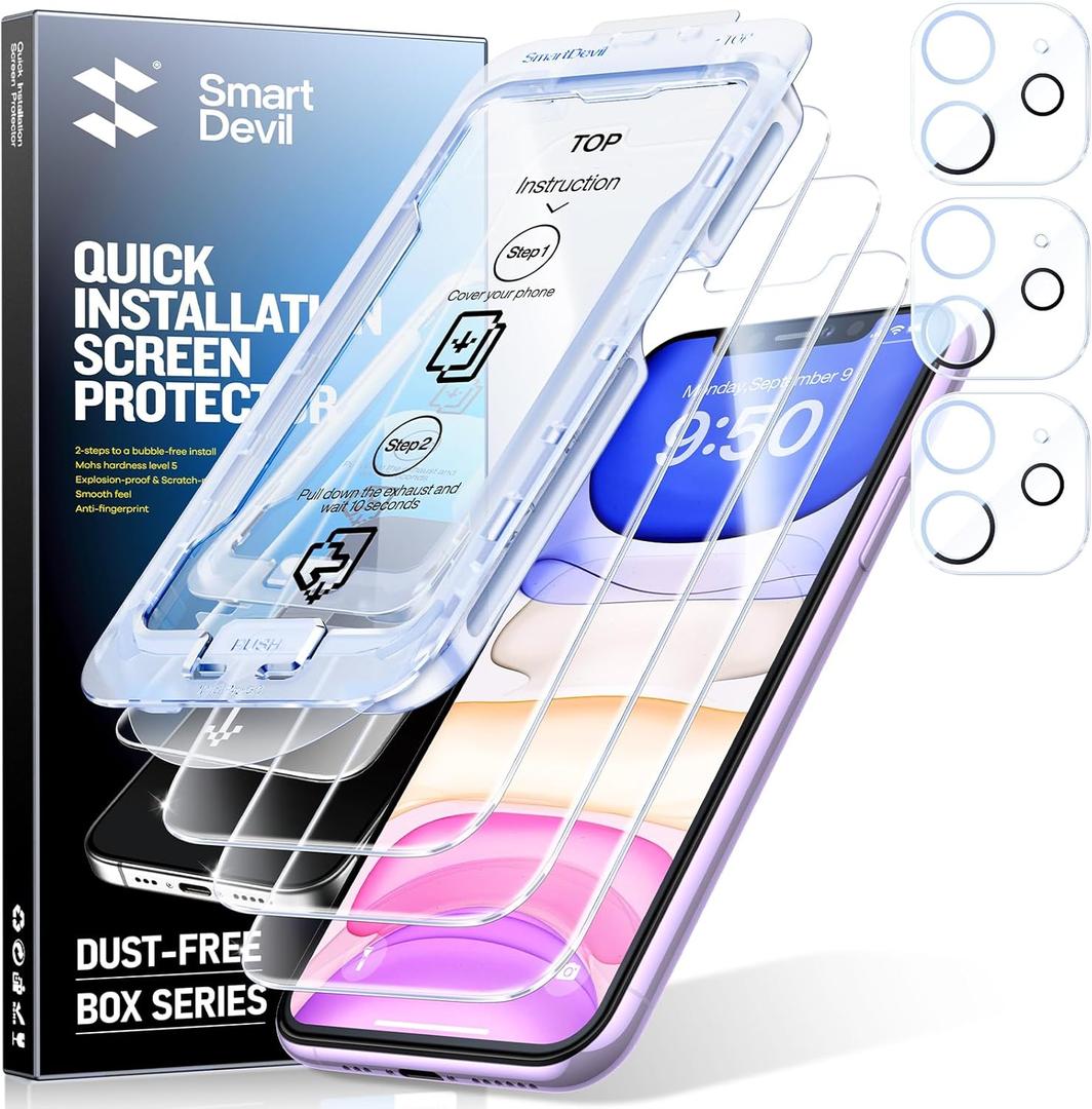 SMARTDEVIL 3-Pack Screen Protector for iPhone 11 with 3-Pack Camera Lens Protector, Clear 9H Tempered Glass Film, Super Fast Installation (Dust-Free & Bubble-Free), Alignment Tool