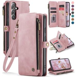 Defencase Compatible with Samsung Galaxy S24 Case Wallet with RFID Blocking Card Holder for Women Men, PU Leather Magnetic Snap Flip Zipper Strap Wallet Phone Case Fit for Galaxy S24 5G 6.2", Pink