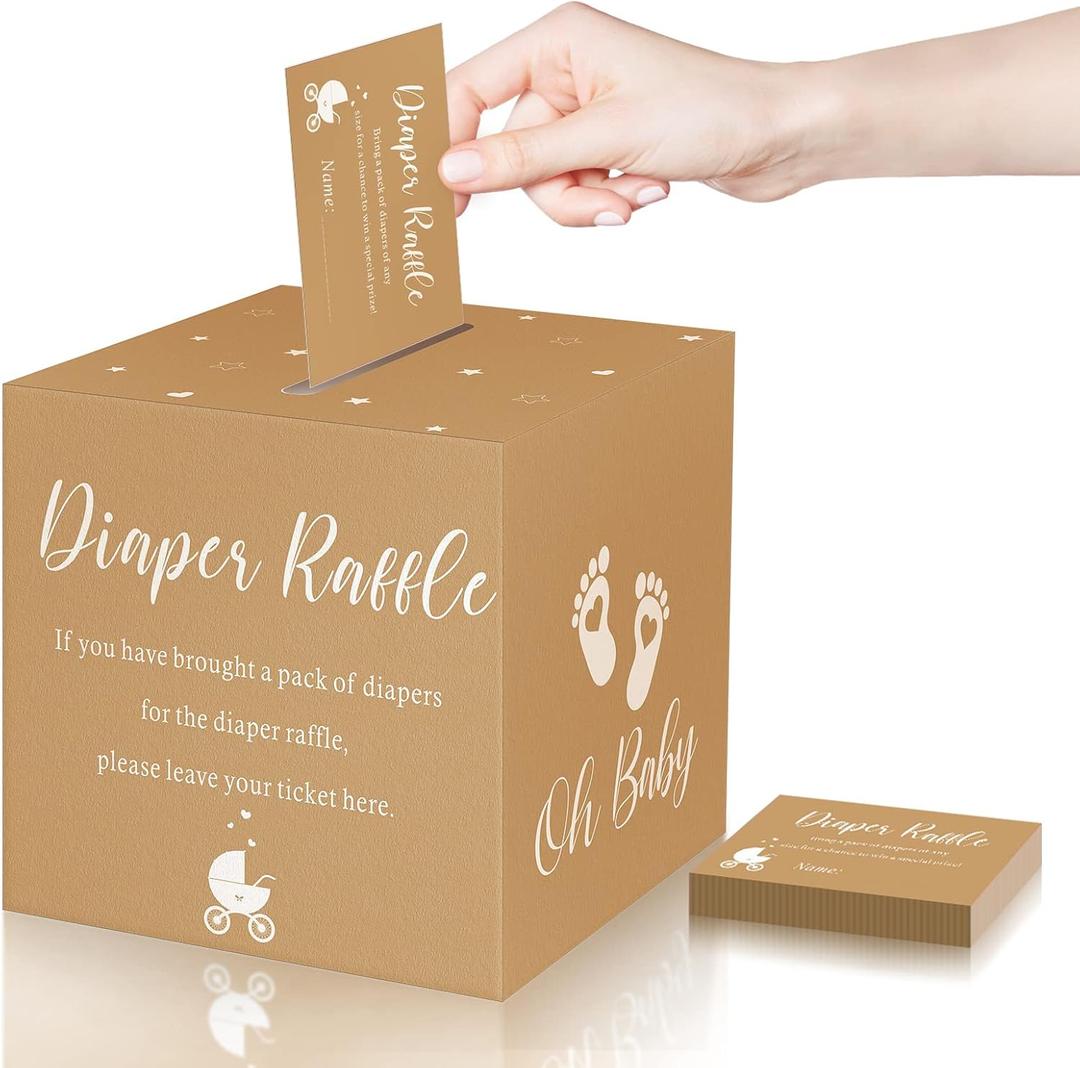 Funrous 51 Diaper Raffle Tickets with Box for Baby Shower Game Invitations Diaper Raffle Card for Gender Reveal Baby Shower Party Decoration Table Centerpiece(Brown Color)