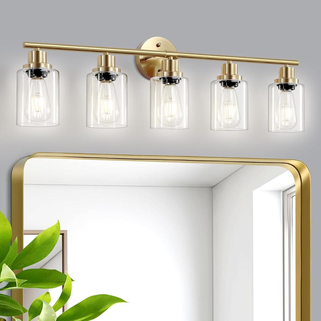 5-Light Bathroom Vanity Lights, E26 Modern Brushed Gold Bathroom Light Fixtures with Clear Glass Shade, Mirror Kitchen Hallway Cabinet Living Room Sconces Wall Lights