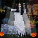 3.9 Ft Halloween Decorations Animatronics Hanging Swinging Girl with Creepy Sound/Light Up Eyes/Scary Expression, Creepy Doll Hanging Ghosts Haunted House Holiday Decor Prop for Indoor Outdoor (White Skirt)