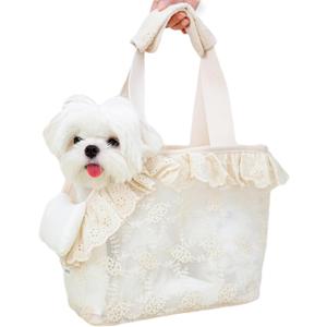 Dog Carrier for Small Dogs Rabbit cat with Lace Design, Cotton Bag, Dog Carrier Soft Sided, Collapsible Travel Puppy Carrier (Beige, 9.4" L x 5.9" W x 9.4" H)