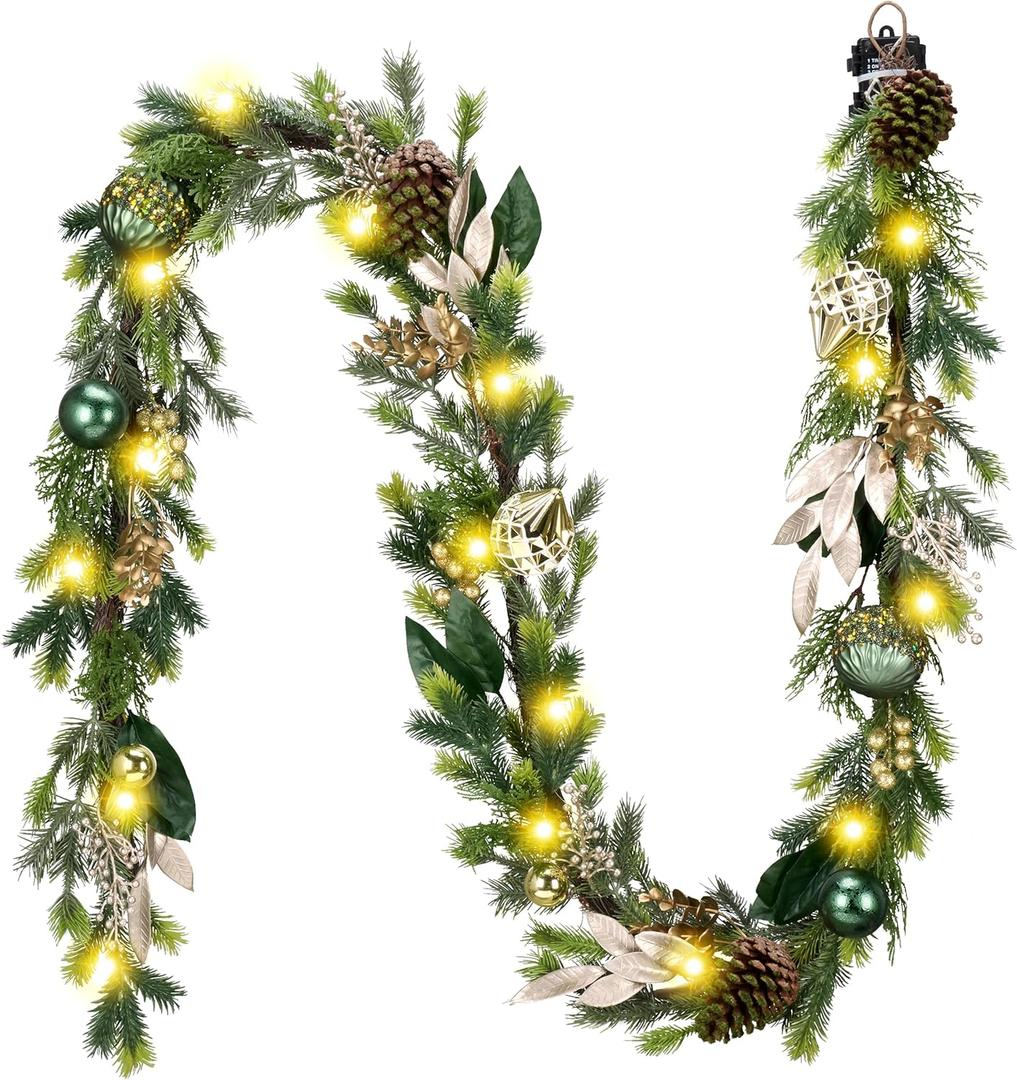 Decorbyhannah Green Gold Christmas Garland with Ornaments, 9ft Christmas Garland with Lights for Mantle, Battery Operated Xmas Garlands for Home Decorations