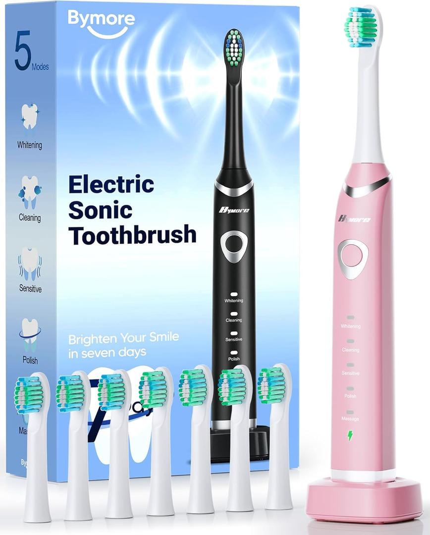 Bymore Electric Toothbrush for Adults,Travel SonicToothbrush with 8 Replacement Heads, Ultra Clean RechargeableToothbrush Portable Electric Toothbrush-Pink (1 Count (Pack of 1))