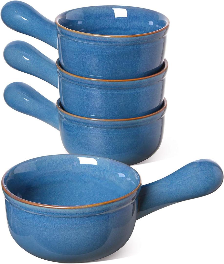 LE TAUCI Soup Bowls with Handle, 15 Oz Ceramic French Onion Soup Bowls, Large Soup Crocks Oven Safe for Stew, Onion, Soup, Chilli, Set of 4, Ceylon Blue