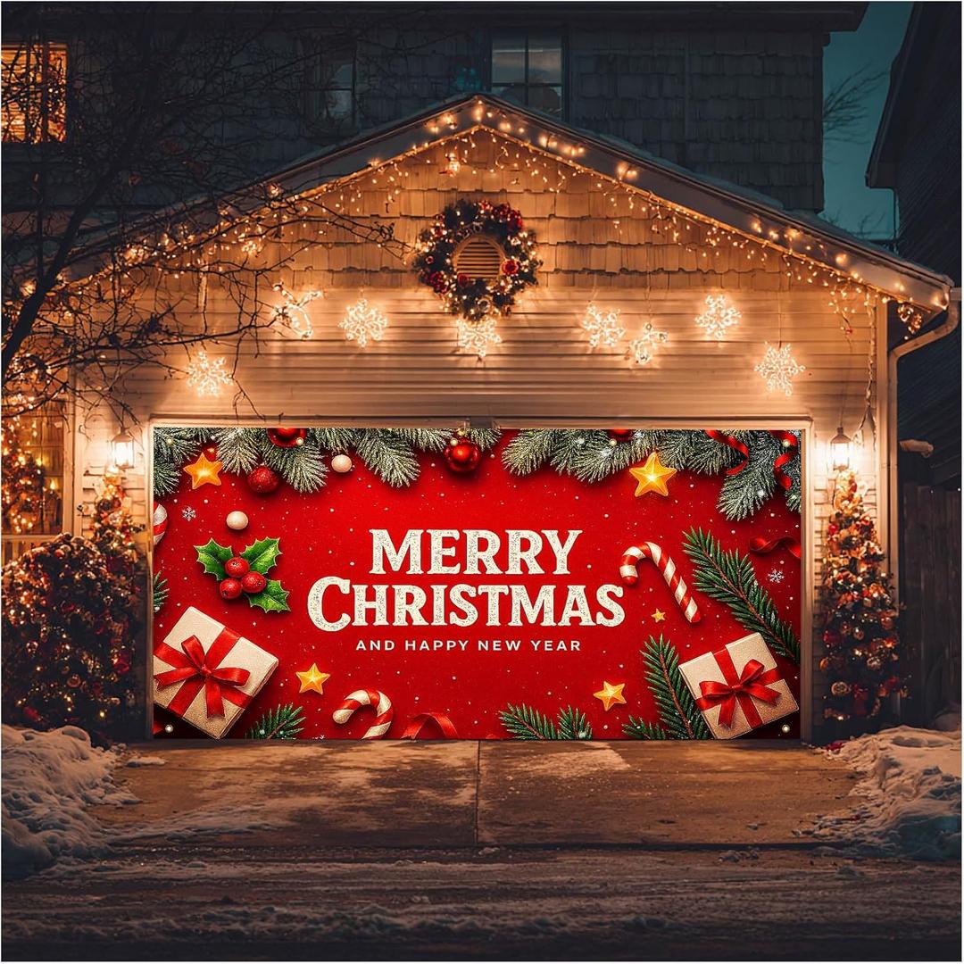 HOMETITUTE Christmas Door Banner 13x6ft Holiday Porch Decoration Red Background Merry Christmas And Happy New Year Pine Branches Ornaments Gifts Winter Seasonal Front Door Cover Wall Decor (Garage#12)