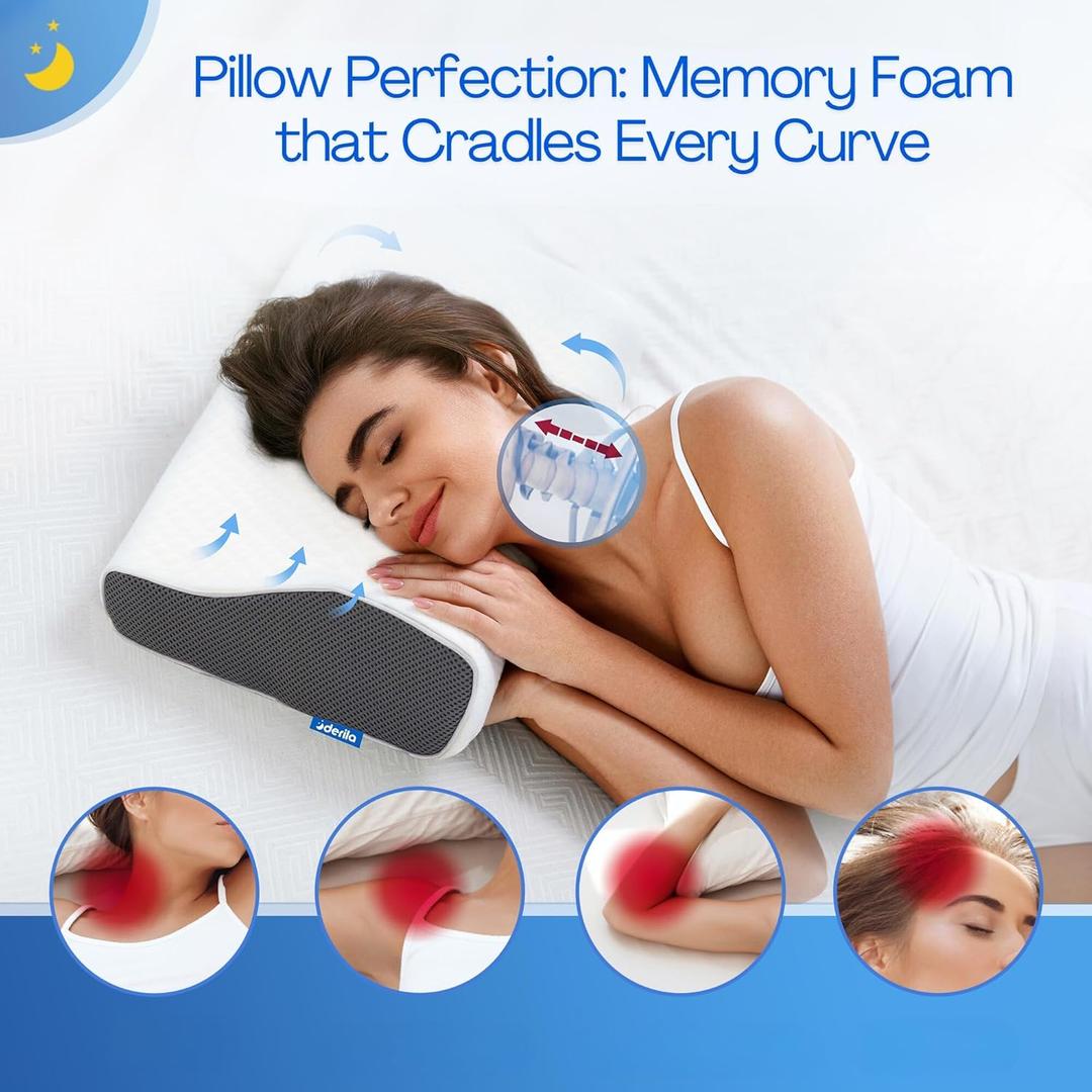 Derila Cervical Neck Pillow for Sleeping - Ergonomic Neck Support Pillow for Back, Stomach, Side Sleeper Contour Memory Foam Pillows for Shoulder Relief 12.2" x 16.9" x 3.14"