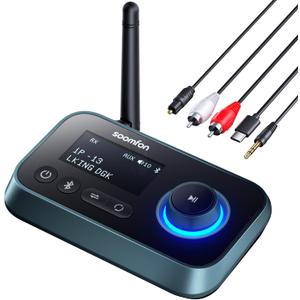 SOOMFON Bluetooth Transmitter for TV 3in1 Bluetooth 5.0 Transmitter Receiver for TV to 2 Headphones with LCD Display Adjustable Volume, Optical AUX RCA Bypass for Home Stereo Speaker