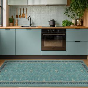 Hazo Haus Boho 2x6 Non Slip Kitchen Rug Runner - Teal Washable Rug for Bathroom, Laundry Room, Hallway, Non Slip with Rubber Backing, Floral Aqua Blue Unique Runner Décor