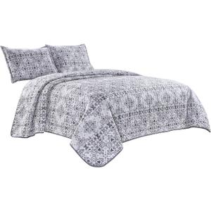3-Piece Fine Printed Oversize (115" X 95") Quilt Set Reversible Bedspread Coverlet King Size Bed Cover (White, Purple Floral)