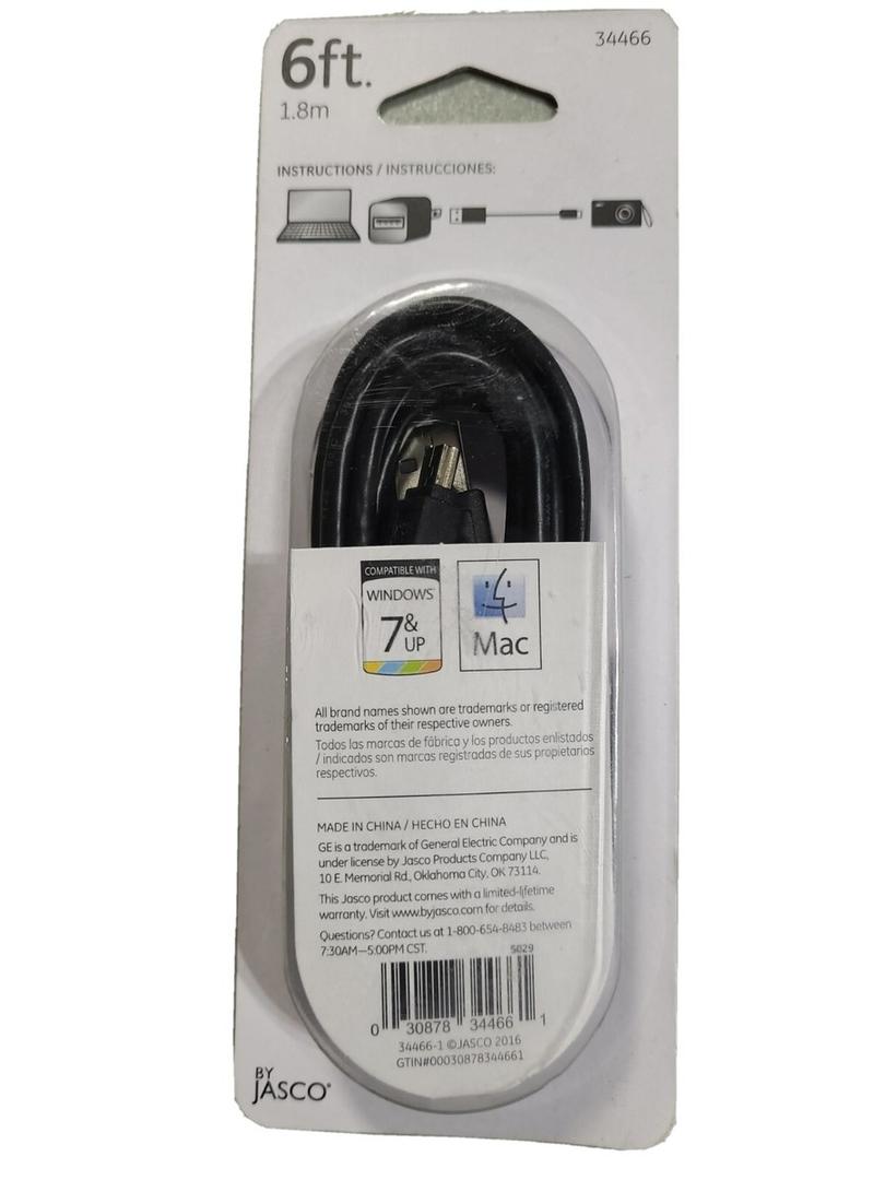 GE USB 2.0 A-Male to Micro B-Male Cable, 6ft, 2Pack