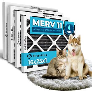 16x25x1 Air Filter MERV 11 Activated Carbon Pet Dander & Dust Defense, Pollen, Smoke, Allergy Protection Electrostatic Pleated HVAC AC Furnace Filter Replacement (4-Pack)