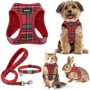 GAMUDA Small Dog Harness Collar and Leash Set, Step in No Chock No Pull Soft Mesh Adjustable Dog Vest Harnesses Plaid Reflective for Dogs Puppy Cats Kitten Rabbit (Red, S)