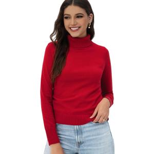 2025 Women's High Neck Long Sleeve Knitted Sweater, Fashionable Women's Long Sleeve Pullover Sweater (Red, M)