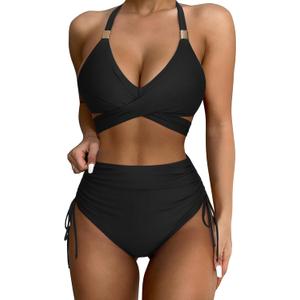 SUUKSESS Womens High Waisted Bikini Sets Tummy Control Drawstring Tie Knot Swimsuit (Small, Black)