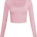 Lightweight Square Neck Crop Tops Long Sleeve Slim Fit Basic Shirts for Women (Pink, L)