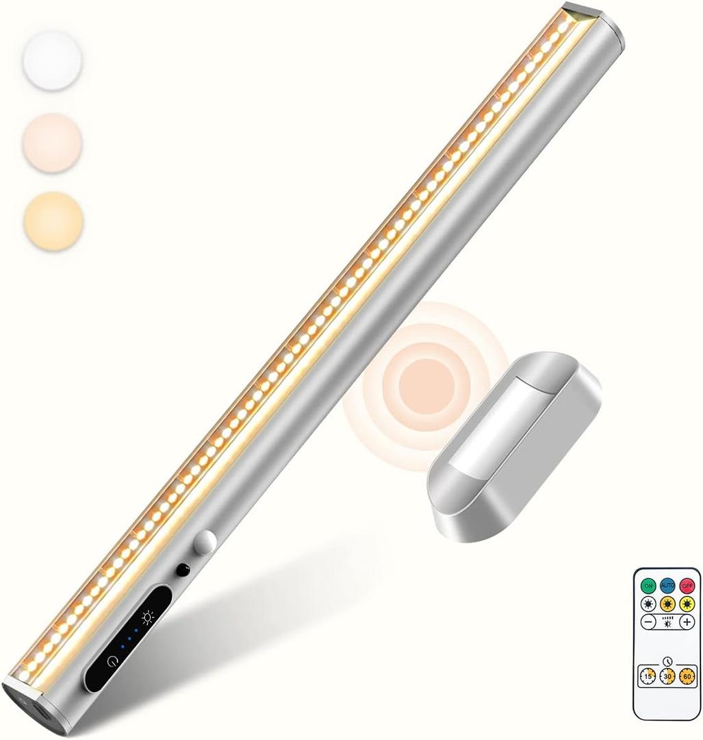 Battery Powered Operated Wall Strip Lights, Motion Sensor LED Light Bar Indoor, Rechargeable Magnetic Under Cabinet Lighting Wireless with Remote Control for Picture Shelf Bathroom  Silver