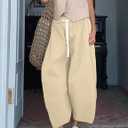 Gihuo Women's Cotton Wide Leg Pants, Elastic Waist Harem Style, Casual Baggy Palazzo Pants with Pockets(Beige, M)