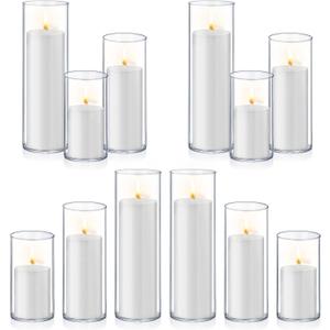 Homjoy 24 PCS White Pillar Candles with Glass Candle Holders Clear Hurricane Candle Holders Glass Cylinder Vases for Centerpieces Wedding Party, Event, Home Office (12 Candles+12 Candle Hoders)