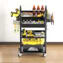 4-tire Rolling Cart with Drawer, Power Tool Organizer Utility Cart on Wheels for 360° Swiveling，Garage Storage Orgnization for Drill Holder,ToolBox, Heavy Duty Storage Rack in Workshop