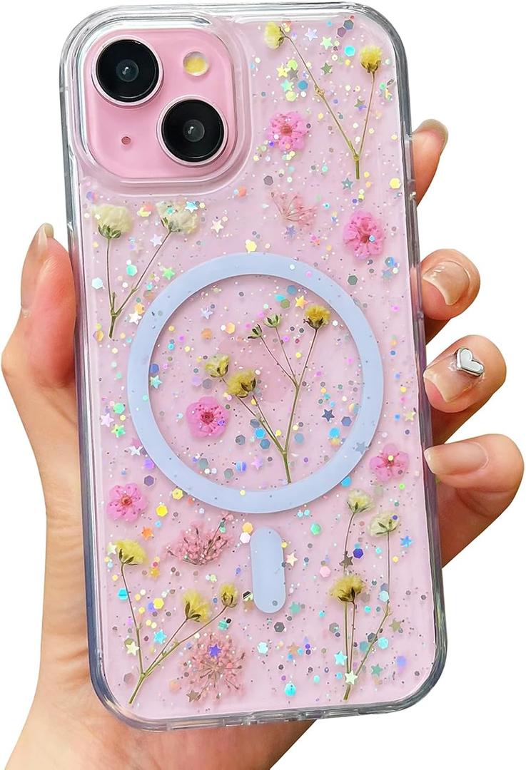 Cute Real Flowers Case for iPhone 15/14/13,Clear Glitter Magnetic Cover with Pressed Dry Floral Phone Case for Women Girls [Compatible with MagSafe]