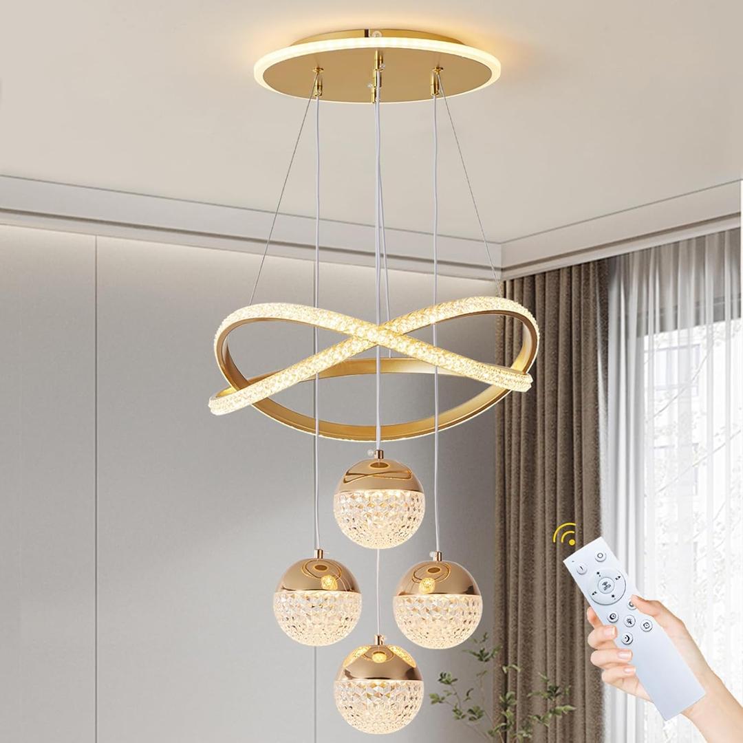 Gold LED Chandeliers, 3-Color Dimmable Pendant Light Dining Room Light Fixtures for Kitchen Island Adjustable Modern Chandeliers for Dining Room Living Room Bedroom (Gold,16.1inch)