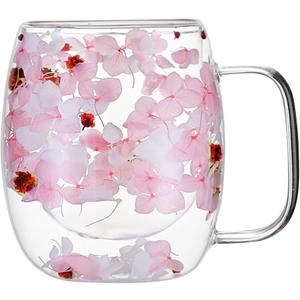 Real Flowers Inside Clear Glass Tea Cup, Double Wall Borosilicate Coffee Mug for Latte Cappuccino, Cute Aesthetic Floral Glassware, Romantic Gifts for Her Girlfriend Sister (Pink)