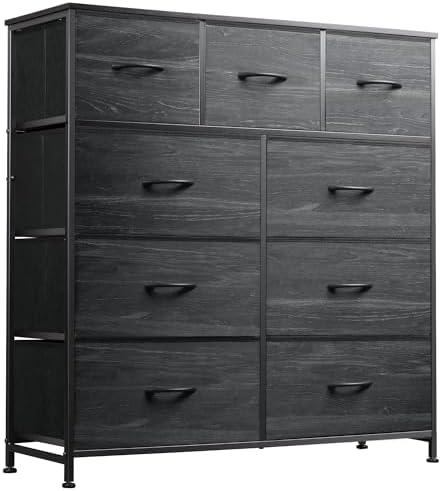 WLIVE 9-Drawer Dresser, Fabric Storage Tower for Bedroom, Entryway, Closet, Tall Chest Organizer Unit with Fabric Bins, Steel Frame, Wood Top, Easy Pull Handle, Charcoal Black Wood Grain Print