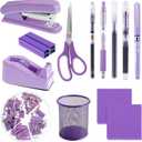 Gueevin 12 Pcs Purple Office Supplies Purple Desk Accessories Stapler with Staples Tape Dispenser Pen Holder Box of Paper Clips Pens Sticky Notes for Office Home