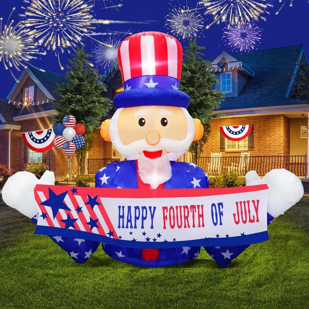 8 Ft Independence Day 4th of July Inflatable, Uncle Sam Hold Banner Patriotic Inflatable Built-in LEDs Stable Memorial Day Blow up Inflatable Indoor Home Outdoor Yard Lawn Parade Party