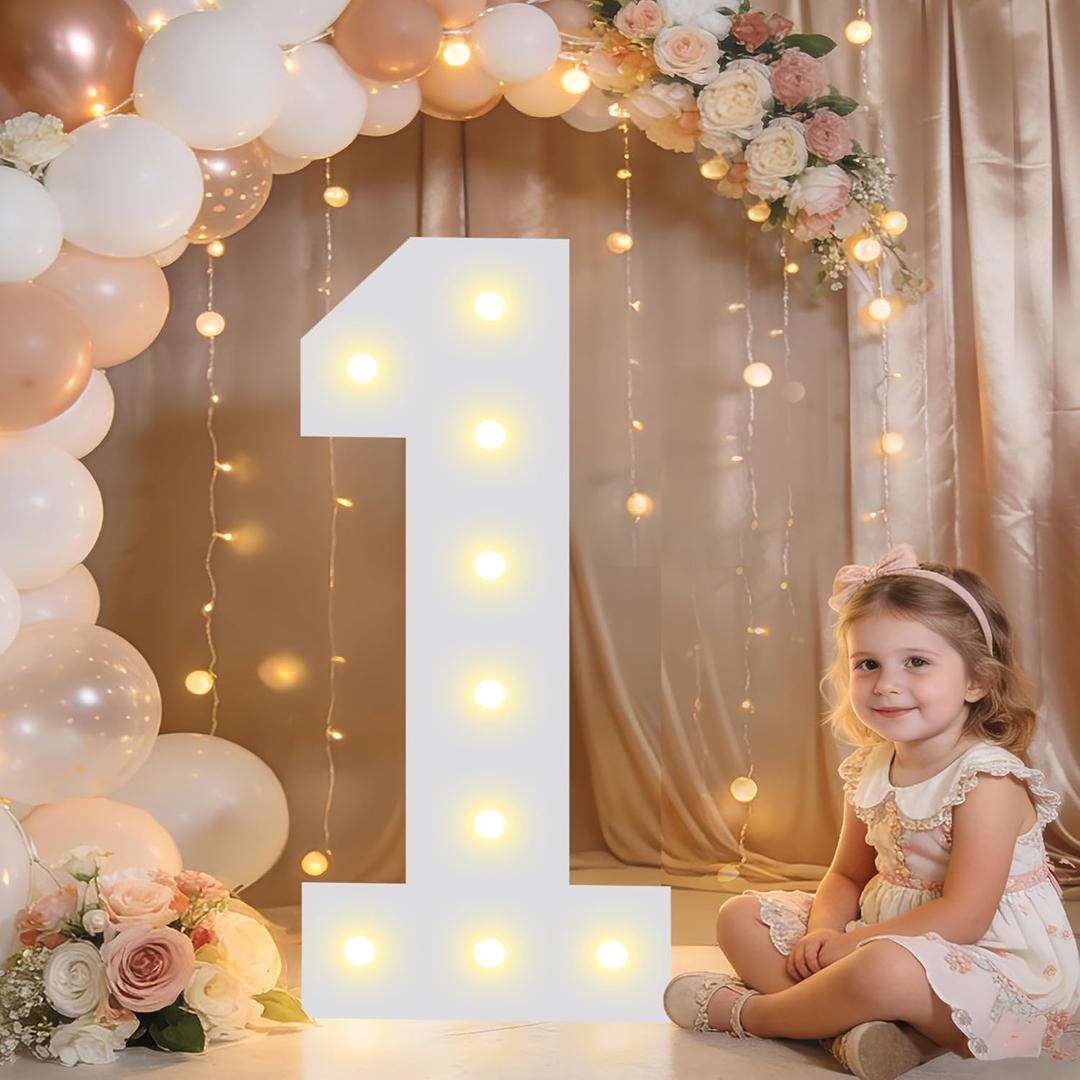 Pooqla 2.4FT Light Up Numbers, Marquee Numbers 2.4 Feet Tall Party Decor for Her Him, Mosaic Big Sign for 1st 16th 21st Birthday Anniversary Decoration Backdrop, Large Pre-Cut Frame Number 1