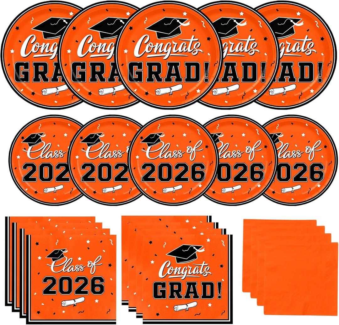 Graduation Party Plates and Napkins Gatherfun Graduation decorations 2026 Orange Disposable Paper Plates Luncheon Napkins Cocktail Napkins for Congrats Grad Party Decorations, Serve 50