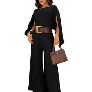 CHICME Women's 3 Piece Pleated Outfits One Shoulder Tops with High Waisted Wide Leg Pants Casual Vacation Outfit (Black, L)