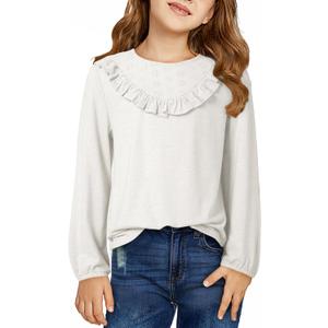 DOKOTOO KIDS Girls Cute Shirts Lace Embroidered Long Sleeve Tops 2025 Fall Fashion Knit Crewneck Blouses 6-13 Years (White, XL)