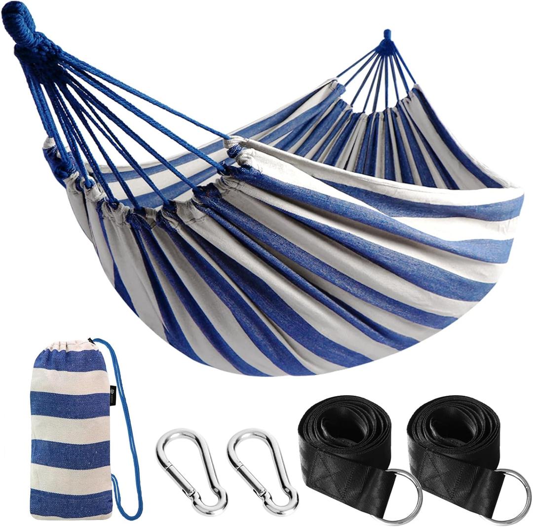 ANYOO Cotton Hammock Portable Camping Hammocks for Hanging Sturdy Garden Comfortable Fabric Hammock with Tree Straps Up to 660lbs with Travel Bag for Camping Outdoor/Indoor Patio Backyard (Blue/White)