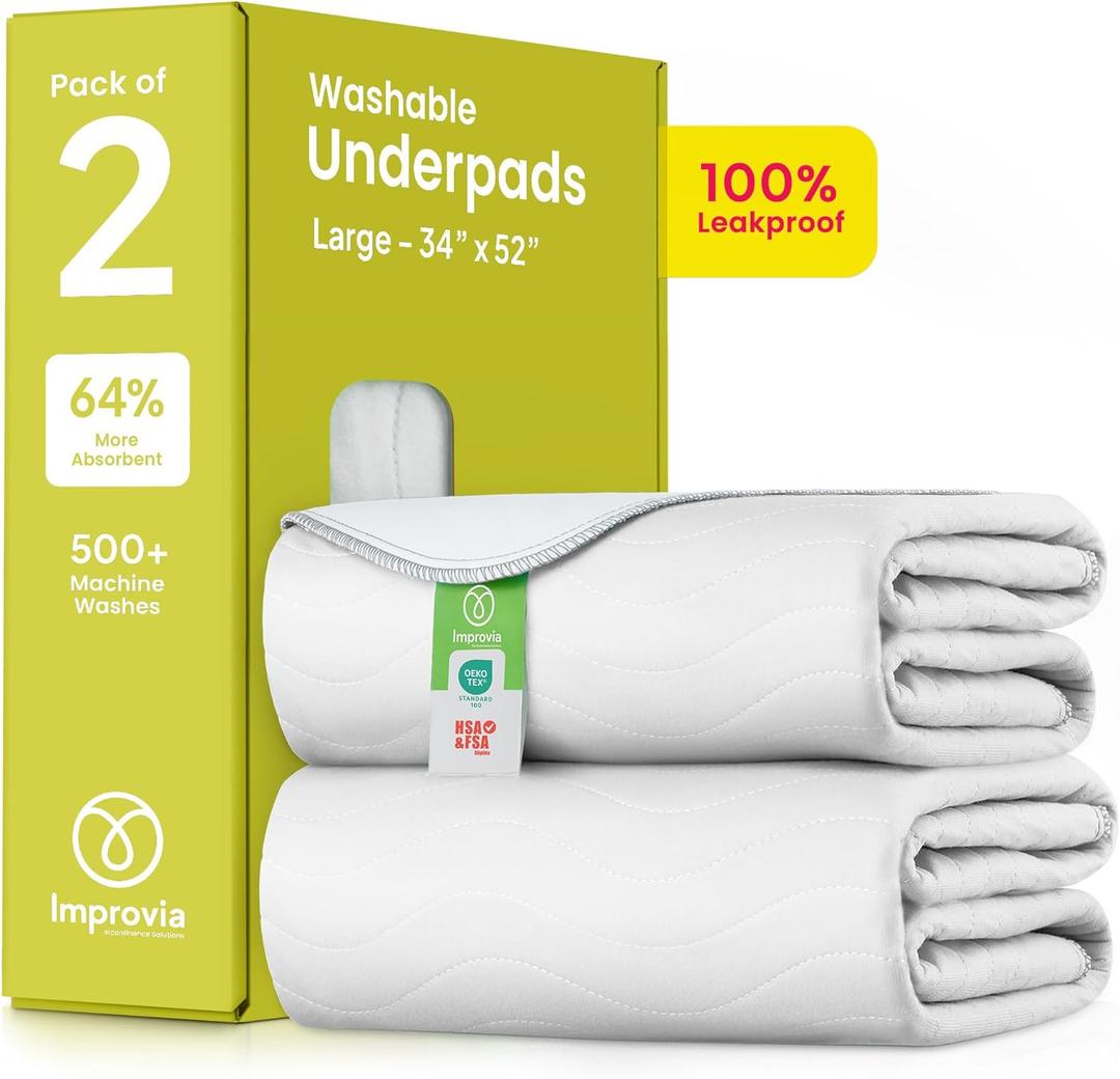 IMPROVIA Washable Underpads, Heavy Absorbency Reusable Incontinence Pads for Kids, Adults, Elderly, and Pets - Waterproof Protection Floor (White & White, 2 Pack - 34"x52")