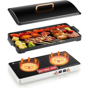 Induction Cooktop 2 Burners, Double Induction Griddle Cooktop 1800W with Removable Iron Cast Griddle Pan Non-stick, Independent Temperature Control, 8 Power Levels, 99 Min Timer for Magnetic Cookware