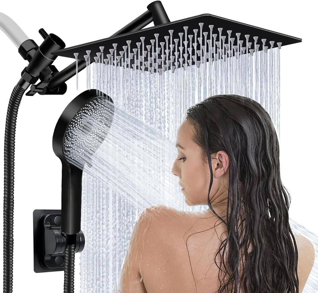 Shower Head,10Rain Shower Head with Handheld Spray Combo and Adjustable Extension Arm/3-Way Flow Regulator/Shower System,High Pressure Rain Fall Hose,Matt Black