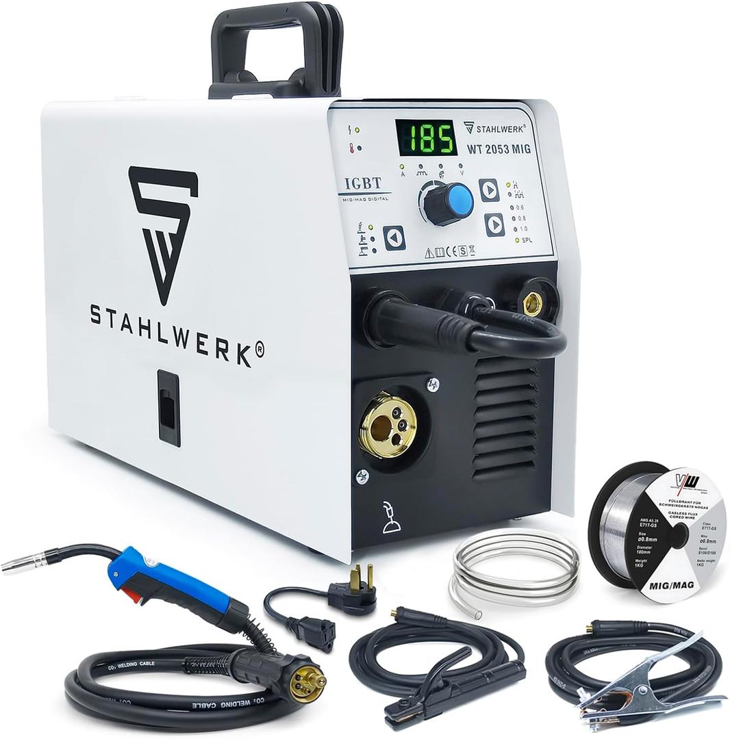 S STAHLWERK 185A Mig Welder 3 in 1 Flux MIG/Solid Wire/Lift TIG/Stick Welder 110V/220V Dual Voltage Gas/Gasless Welding Machine, White