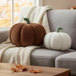 Yookeer 2 Pcs Fall Pumpkin Pillows, Corduroy 3D Simulated Pumpkin Throw 7'' and 11'' Soft Autumn Decorative Sofa Cushion for Thanksgiving Halloween Christmas Bedroom Home Decor(Brown, White)