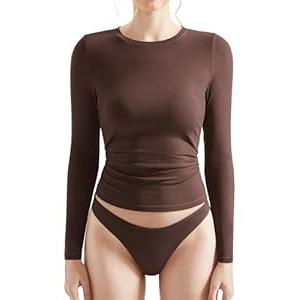 OMKAGI Women Long Sleeve Shirts Cotton Ribbed Fitted Basic Tops Crewneck Y2K Top(XL, Chocolate-252)