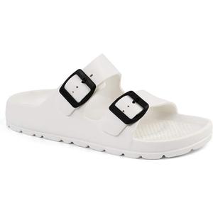 FUNKYMONKEY Women's Comfort Slides Double Buckle Adjustable Plastics Flat Sandals (9, New White B)