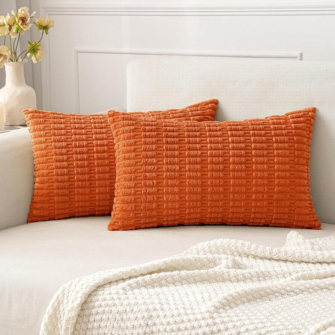 MIULEE Pack of 2 Orange Corduroy Decorative Lumbar Pillow Covers 20x12 Inch Soft Boho Striped Throw Pillow Covers Modern Farmhouse Home Decor for Summer Sofa Living Room Couch Bed