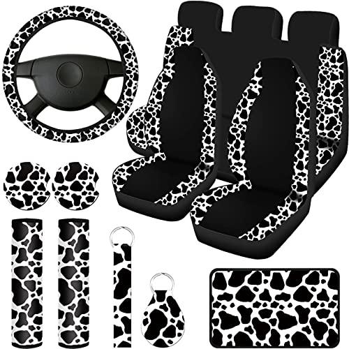 Frienda 13 Pcs Mixed Cow Print Car Seat Cover Full Set for Women Men Print Car Accessories Rubber Steering Wheel Armrest Pad Cover Seat Belt Pads Wrist Holder Keychain, White and Black